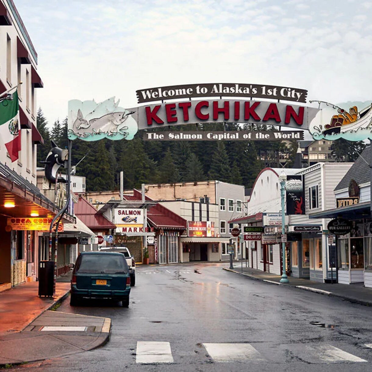 View of the welcome sign to Ketchikan, Alaska.