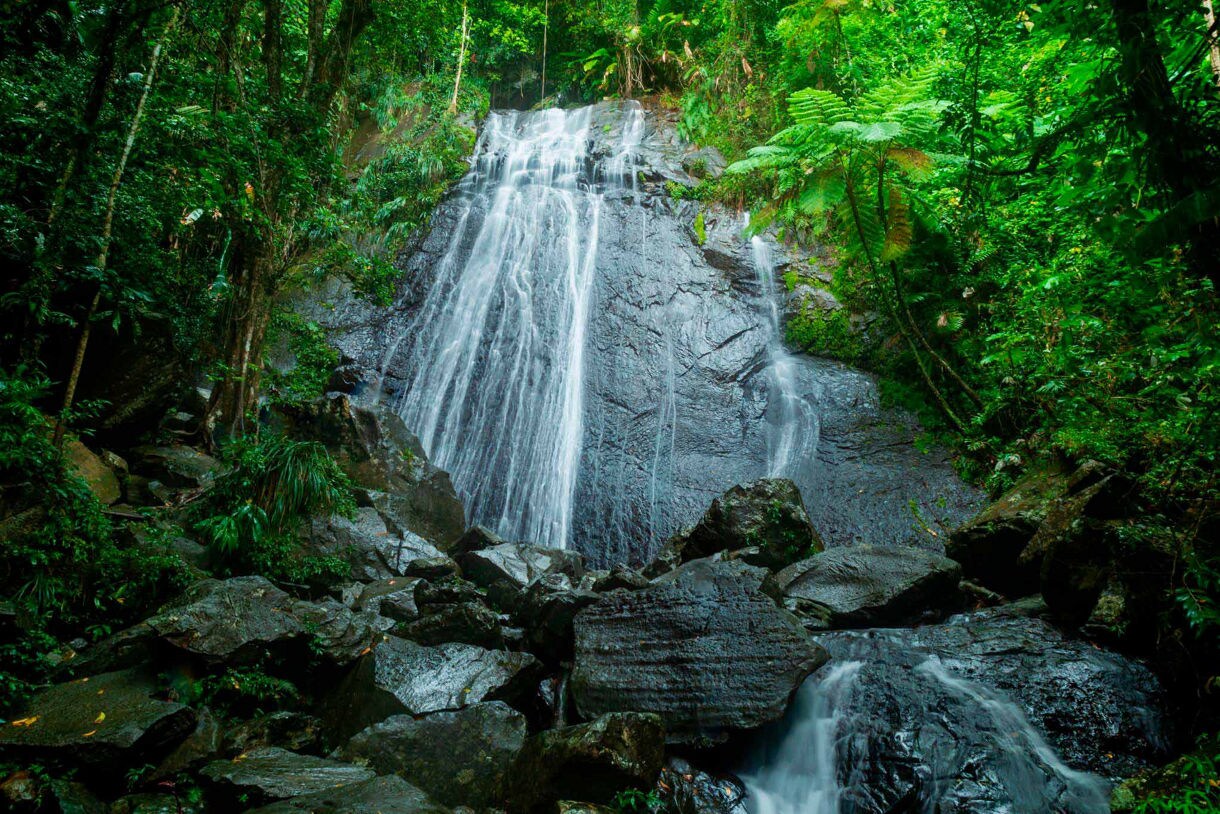 La Coca Falls tumbles over smooth rock in El Yunque National Forest. 