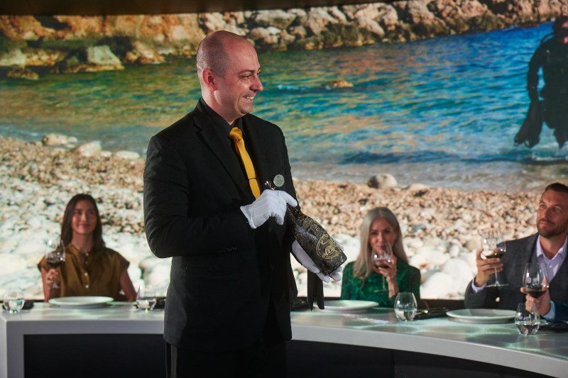 A formally dressed server presenting to guests at an outdoor dining table with ocean views.