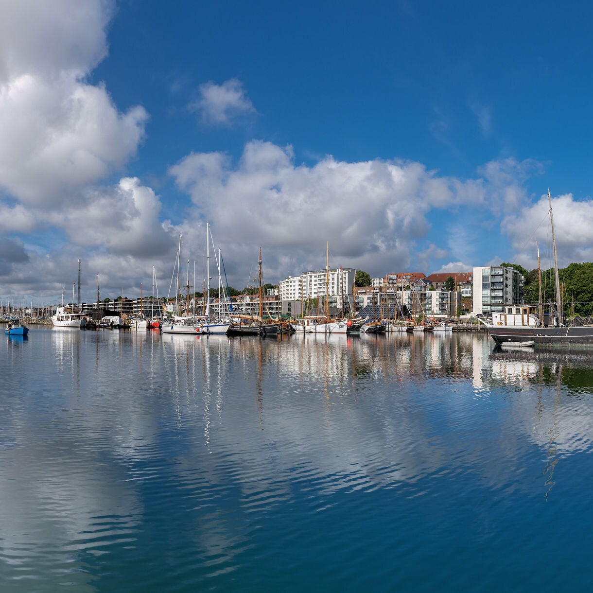 View of Aarhus Bay with sailboats, yachts and old ships docked along the waterfront under blue skies.