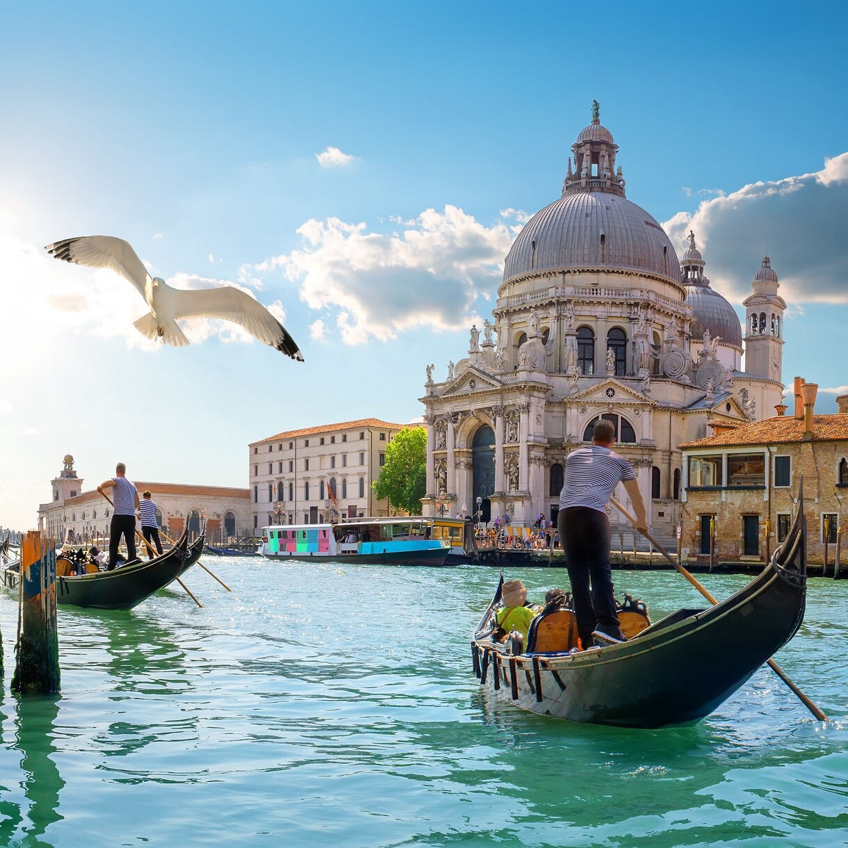 A panoramic view of Venice's Grand Canal at sunrise, with a lone gondola silhouetted on the calm water, historic palazzos lining both sides and the domed Santa Maria della Salute basilica glowing in the distance.