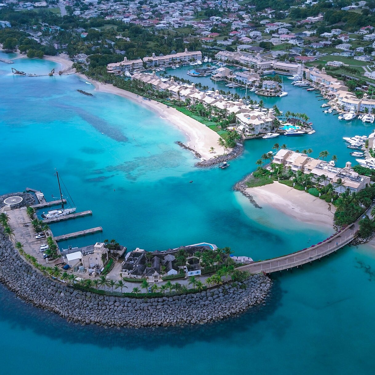 A panoramic view of a pristine white sand beach in Barbados lined with wooden sun loungers and pink umbrellas beneath swaying coconut palms, with calm turquoise water stretching to the horizon under a bright blue sky.