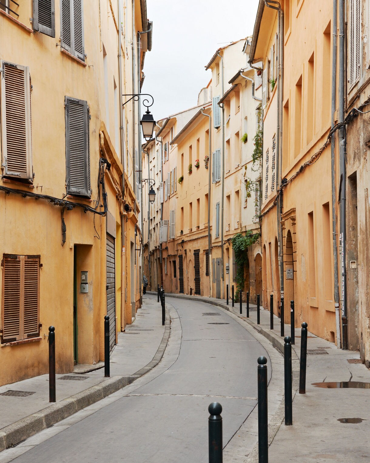 Colorful row of pastel buildings in Aix-en-Provence with shuttered windows and archways, framed by blooming pink flowers in the foreground.