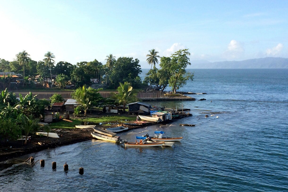 Quiet coastal village with palm trees, wooden huts and several small motorboats resting in shallow blue water, set against a backdrop of forested hills and distant islands.