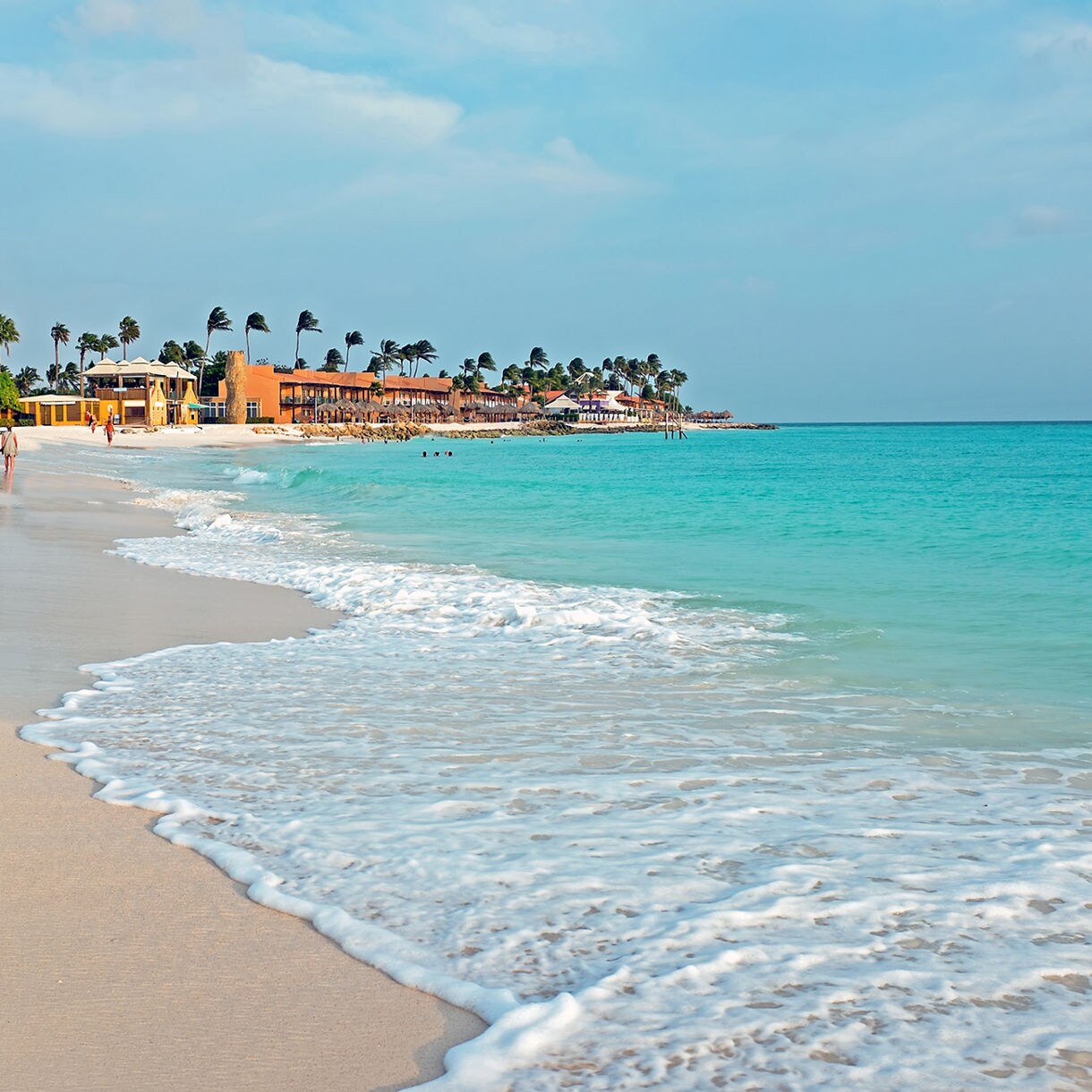 A curving white sand beach in Aruba with turquoise waves rolling ashore, palm trees swaying in the breeze and colorful beachfront buildings lining the coast under a blue sky.