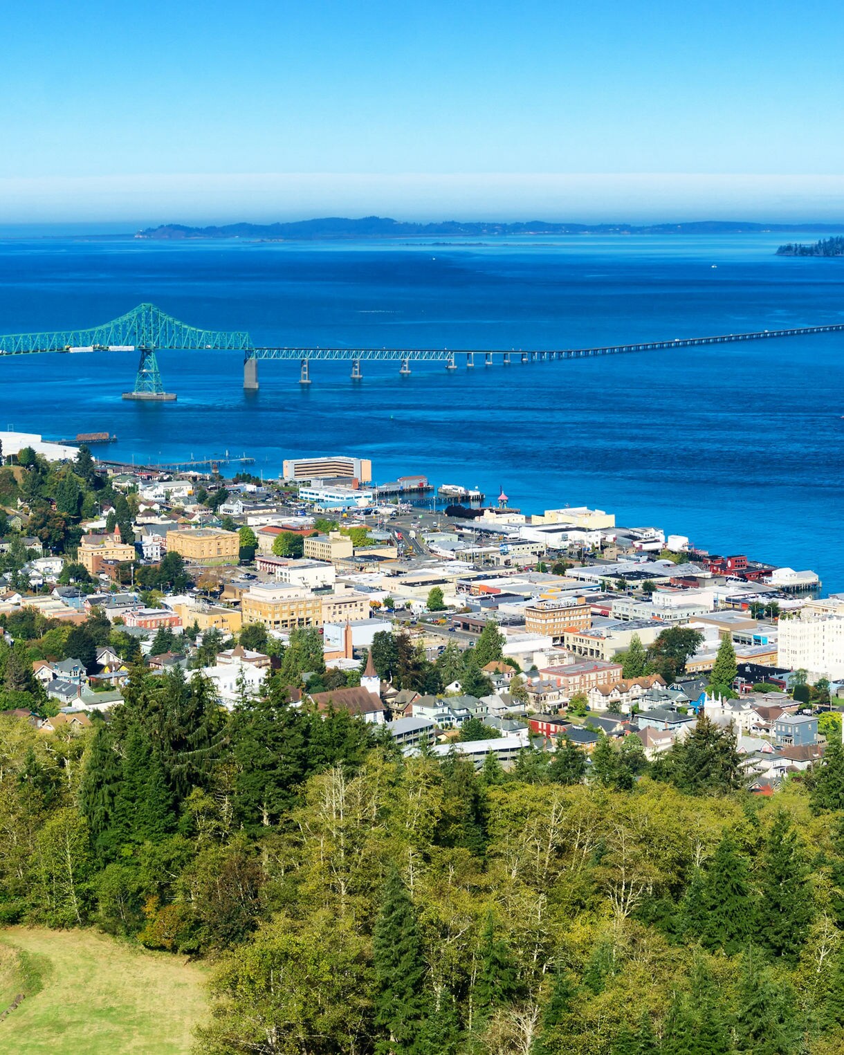 Elevated view of Astoria with dense forests in the foreground, a colorful waterfront downtown below and the green Astoria-Megler Bridge spanning the wide, deep blue river.