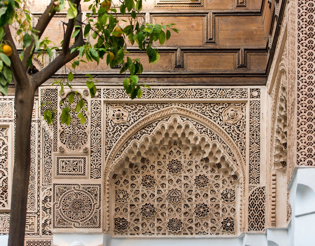 Detailed carved plaster and wood patterns on palace walls with a tree branch in the foreground.