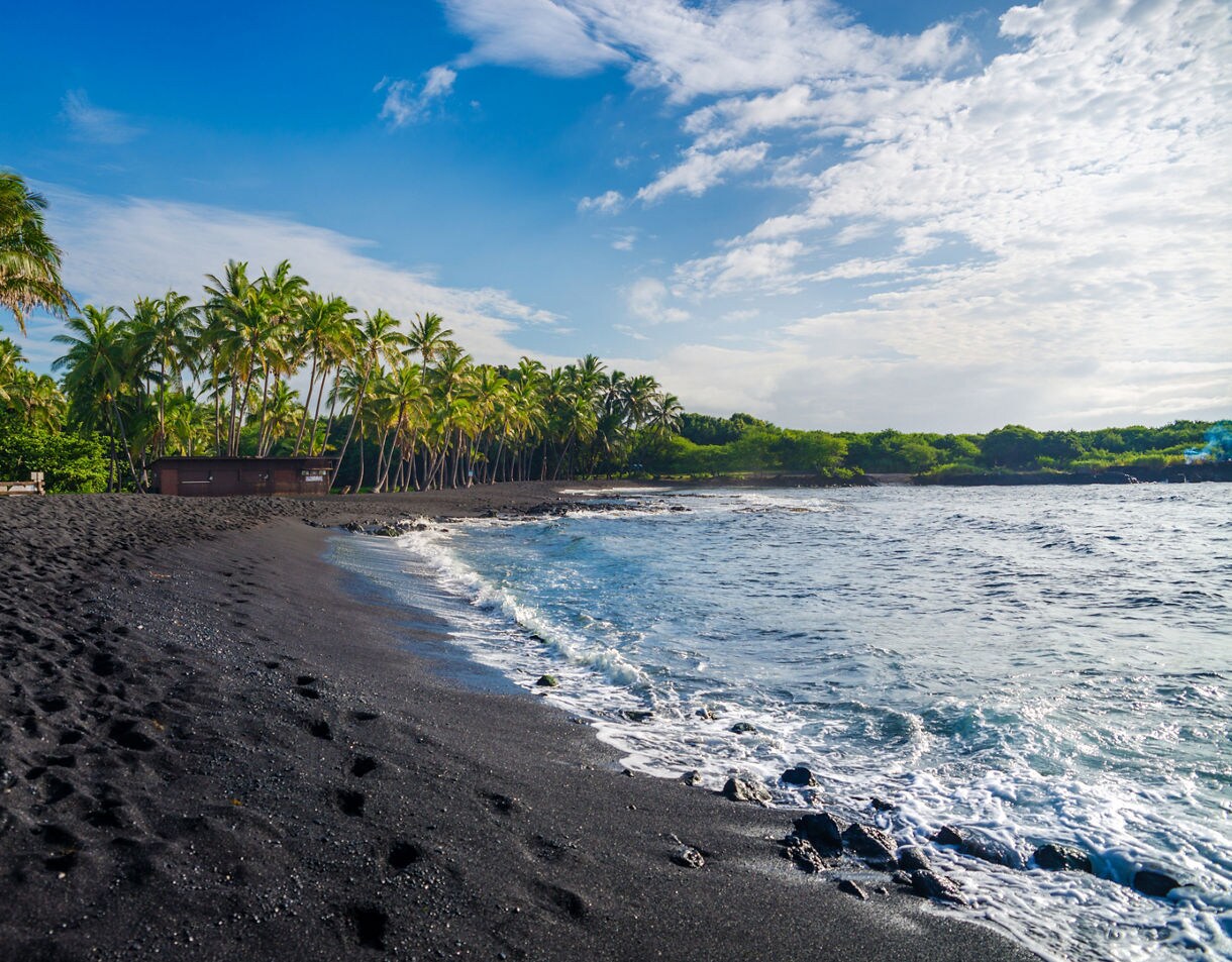 Coastal view of Punaluʻu Beach with jet-black volcanic sand, foamy waves and tall palm trees lining the shore under a sunny sky.
