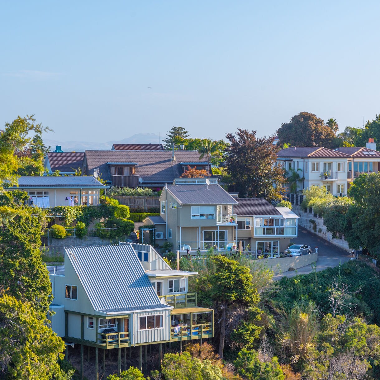 Elevated view of homes nestled among trees on a hillside, featuring modern houses with balconies and a tall water tower in the background.
