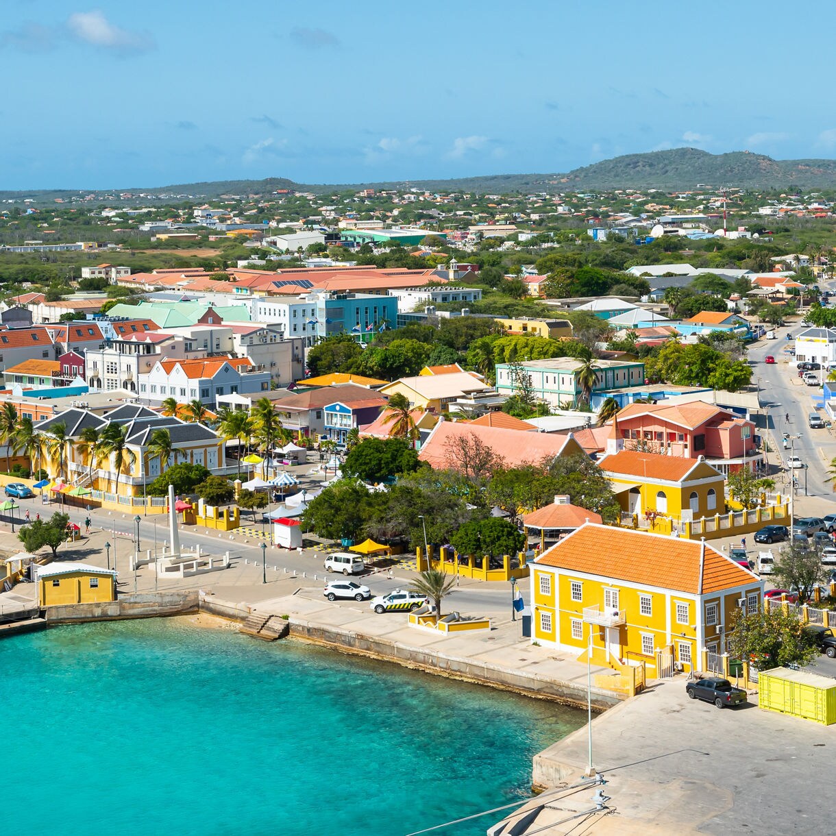 Aerial view of Kralendijk's waterfront in Bonaire, featuring a row of brightly colored Dutch Colonial buildings in yellow, coral and blue lining the turquoise harbor, with palm trees a bustling promenade and low hills stretching into the distance.