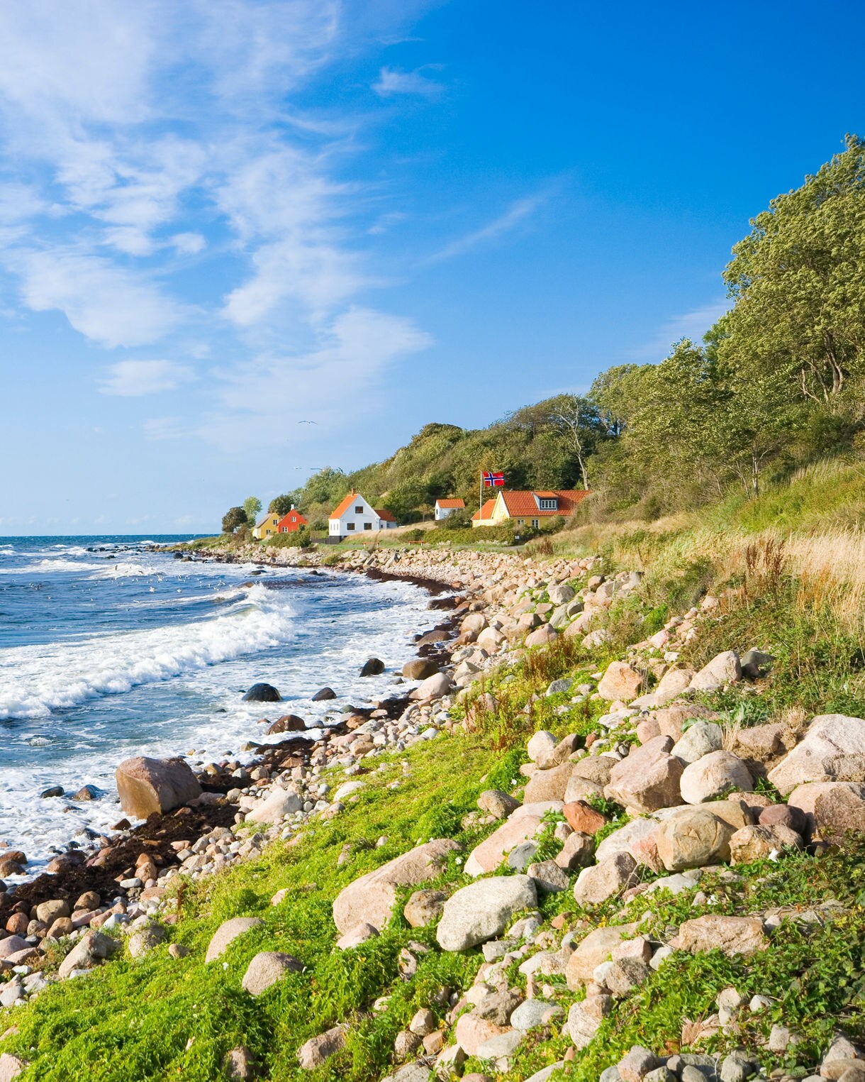 Rocky shoreline on Bornholm with blue waves rolling onto the stones, green vegetation along the coast and small red-roofed cottages set among trees under a bright sky.