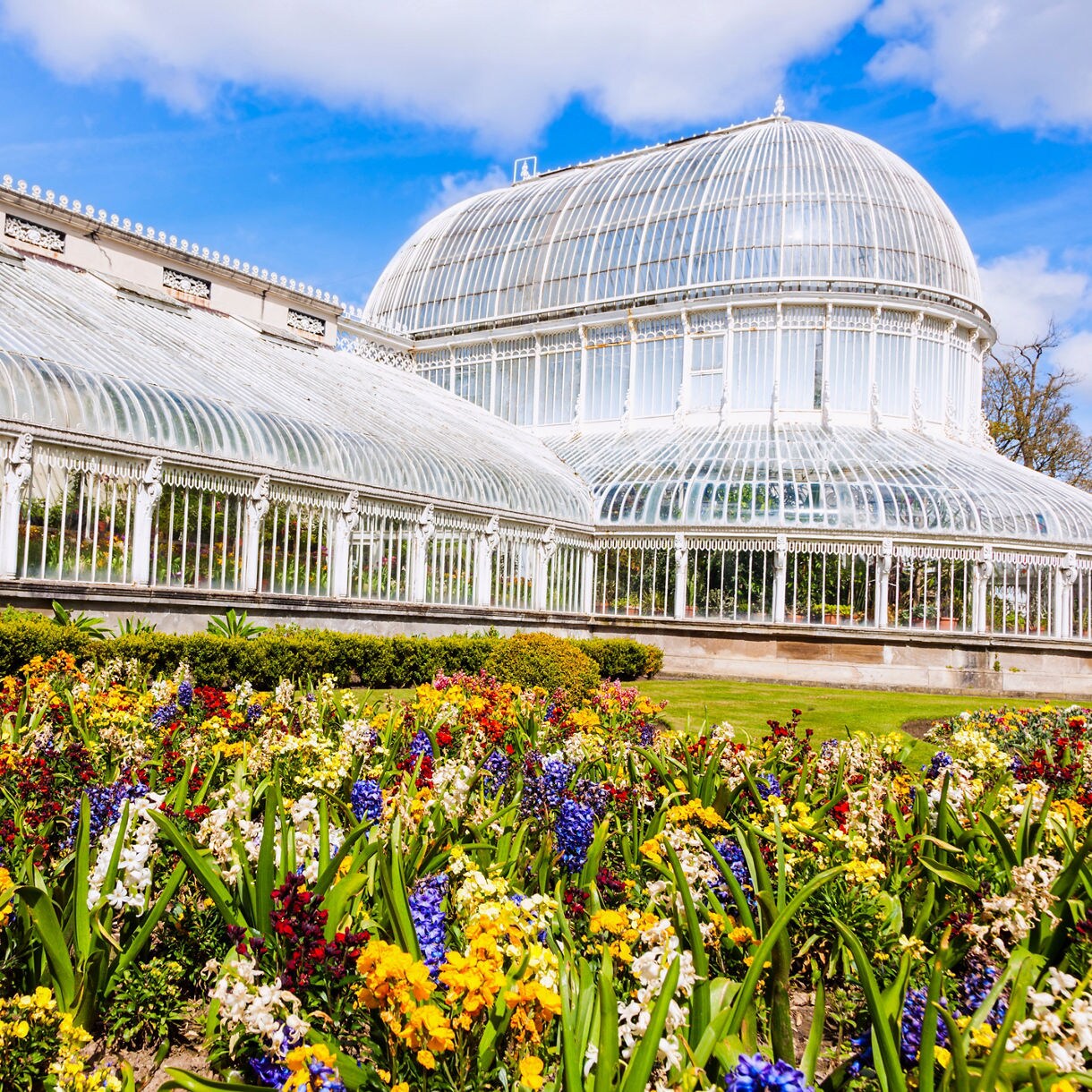 Botanic Gardens Palm House in Belfast with colorful spring flowers blooming in front under a bright blue sky.