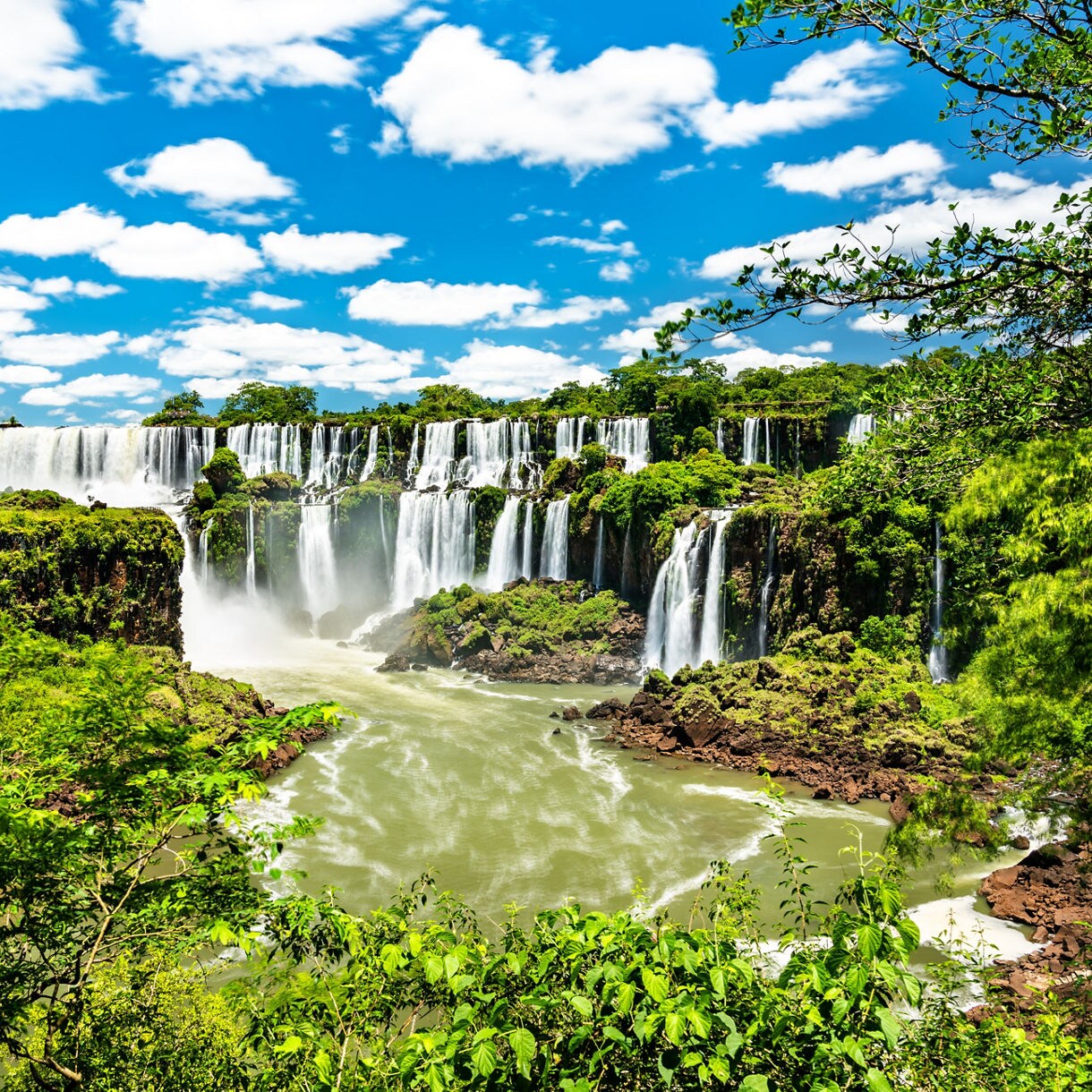 Bright daytime view of Iguazú Falls with multiple waterfalls framed by lush tropical foliage and a blue sky.