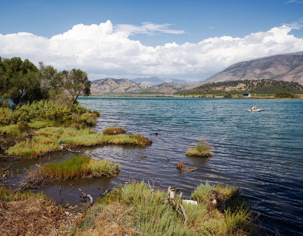 Marshy shoreline with patches of grasses and shrubs beside a calm blue lake in Butrint National Park, with rolling mountains and clouds in the distance and a small boat on the water.