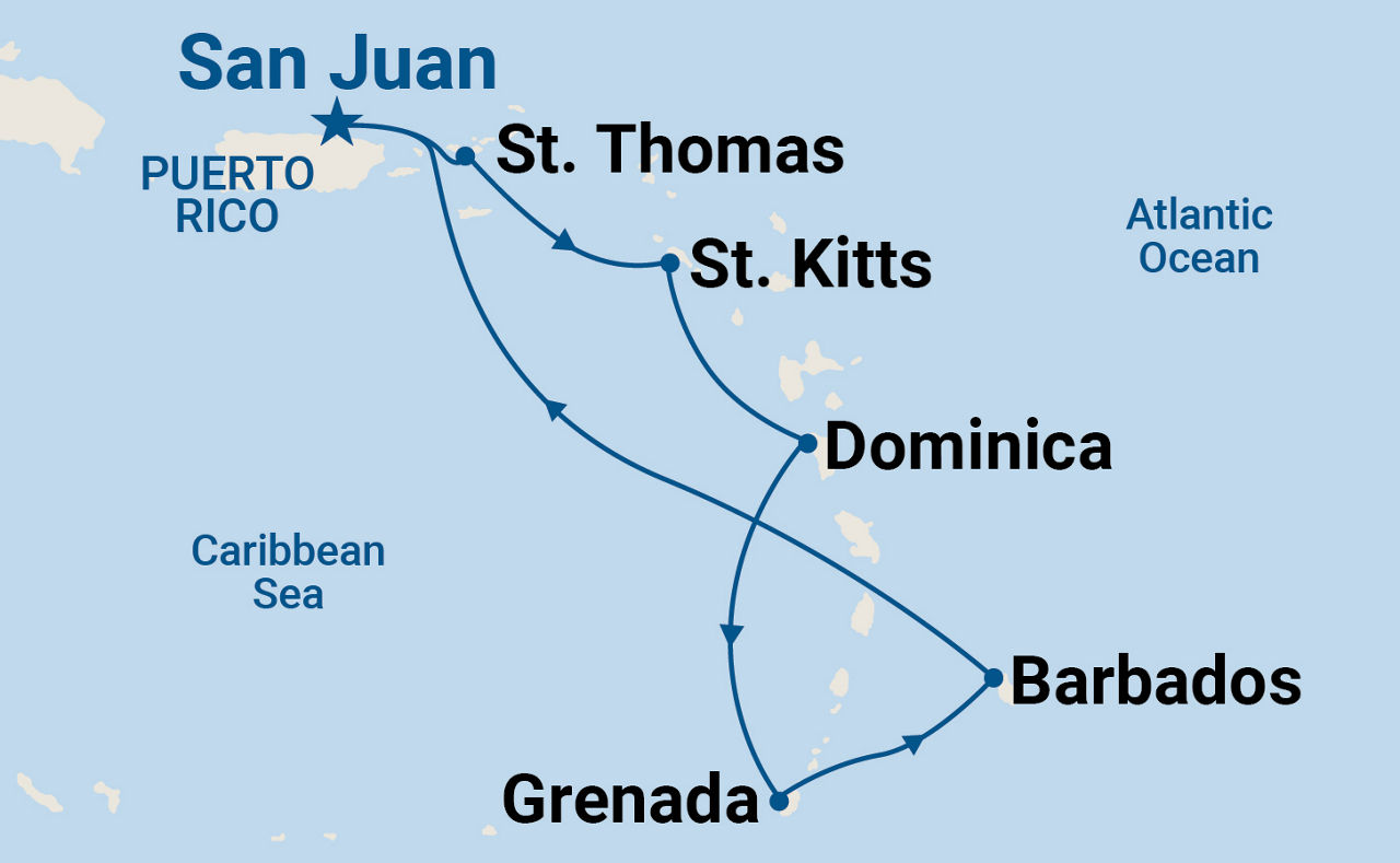 Southern Caribbean with Barbados and St. Kitts — Itinerary Map