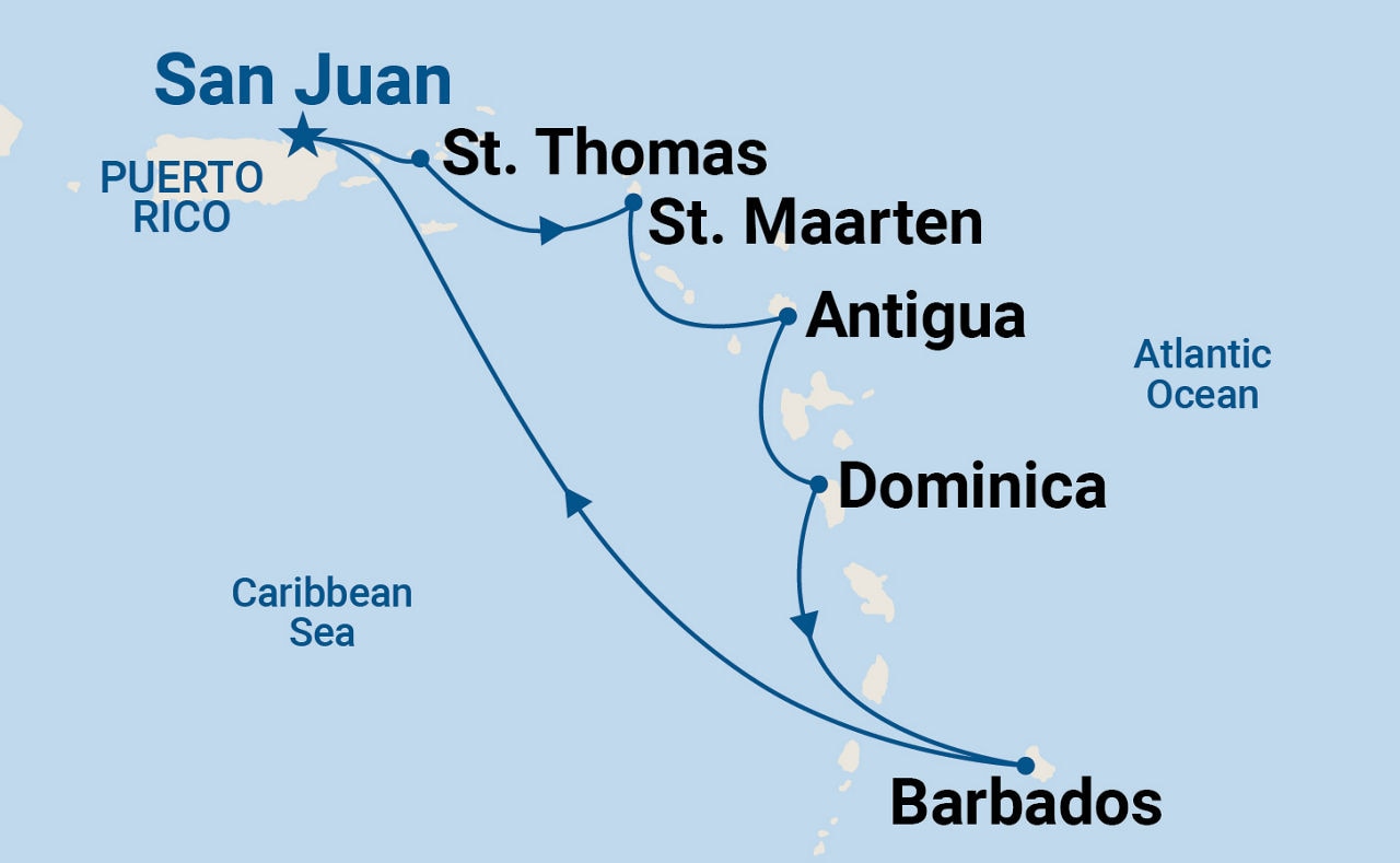 Southern Caribbean with Barbados and Antigua — Itinerary Map