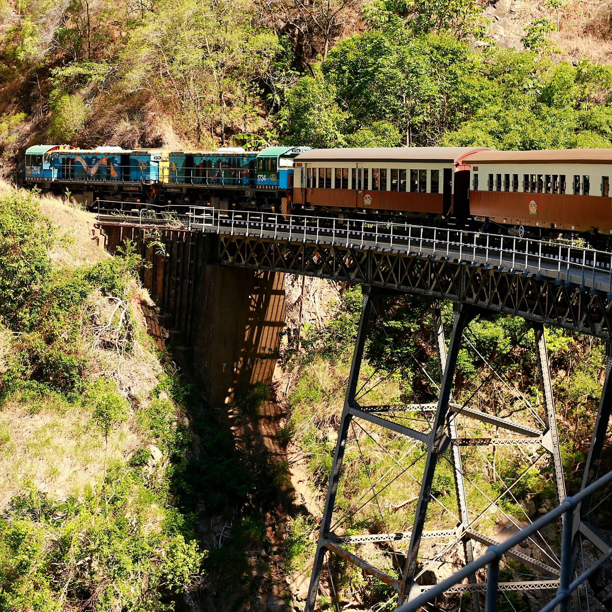 Vintage train crossing a curved steel bridge through dense tropical rainforest near Cairns, Queensland.