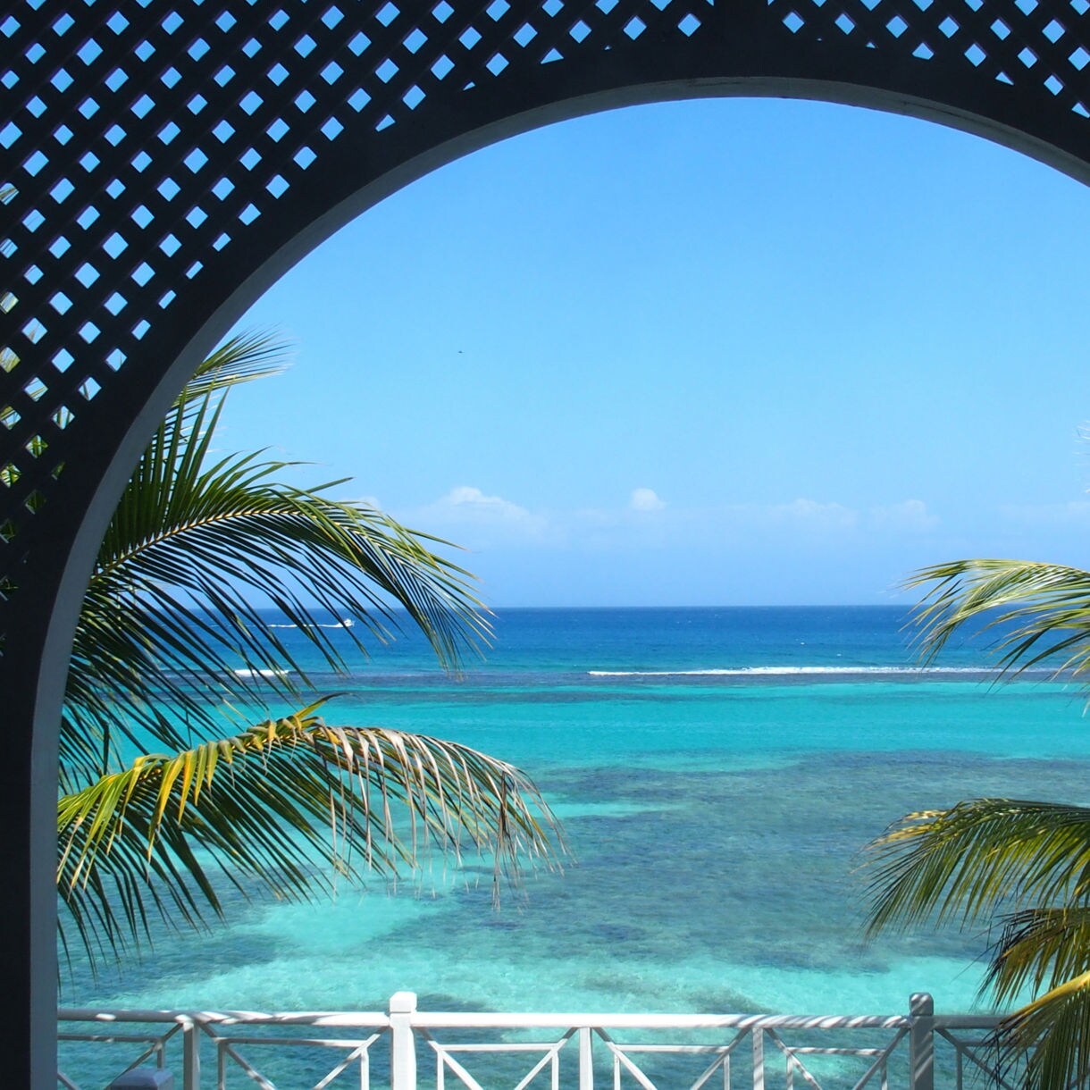 View of turquoise Caribbean waters framed by palm trees and a lattice archway, with a white fence along the shore.