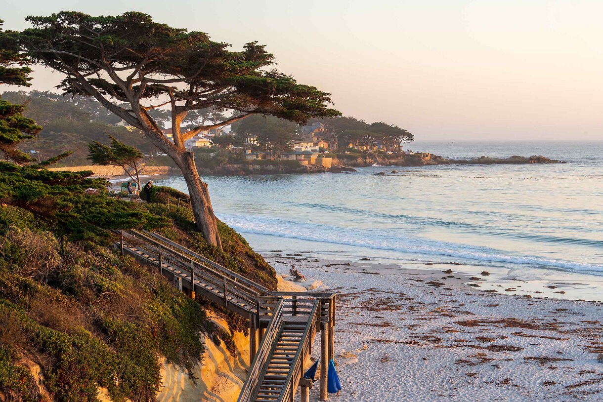 A scenic view of Carmel Beach at sunset, featuring a wooden boardwalk leading down to the sandy shore, a windswept cypress tree, rolling waves, and coastal homes in the background.