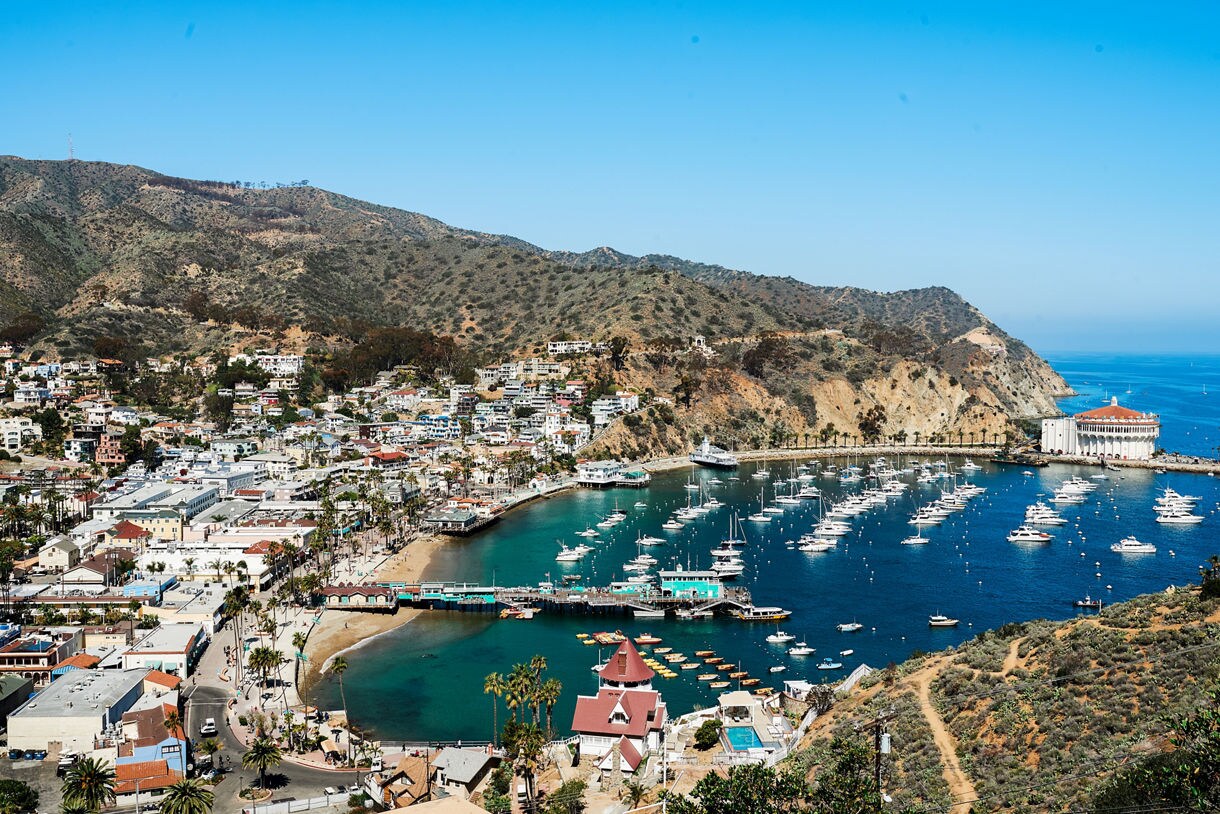 Aerial view of Avalon on Catalina Island featuring hillside homes, a busy boat-filled harbor, turquoise water and the round Catalina Casino on the far right.