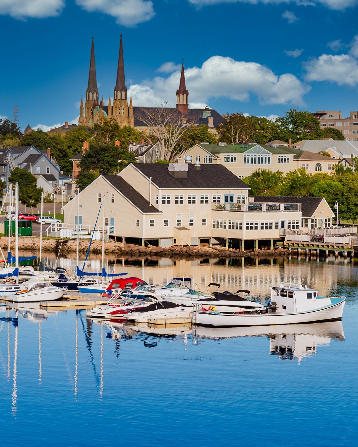 A harbor filled with small boats and yachts resting on still water that mirrors the surrounding light-colored waterfront buildings, leafy trees and tall cathedral spires beneath a deep blue sky with scattered white clouds.