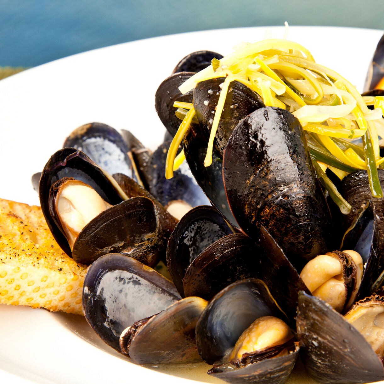 A close-up plate of cooked black mussels with yellow shredded vegetables on top, surrounded by toasted bread slices on a white dish.