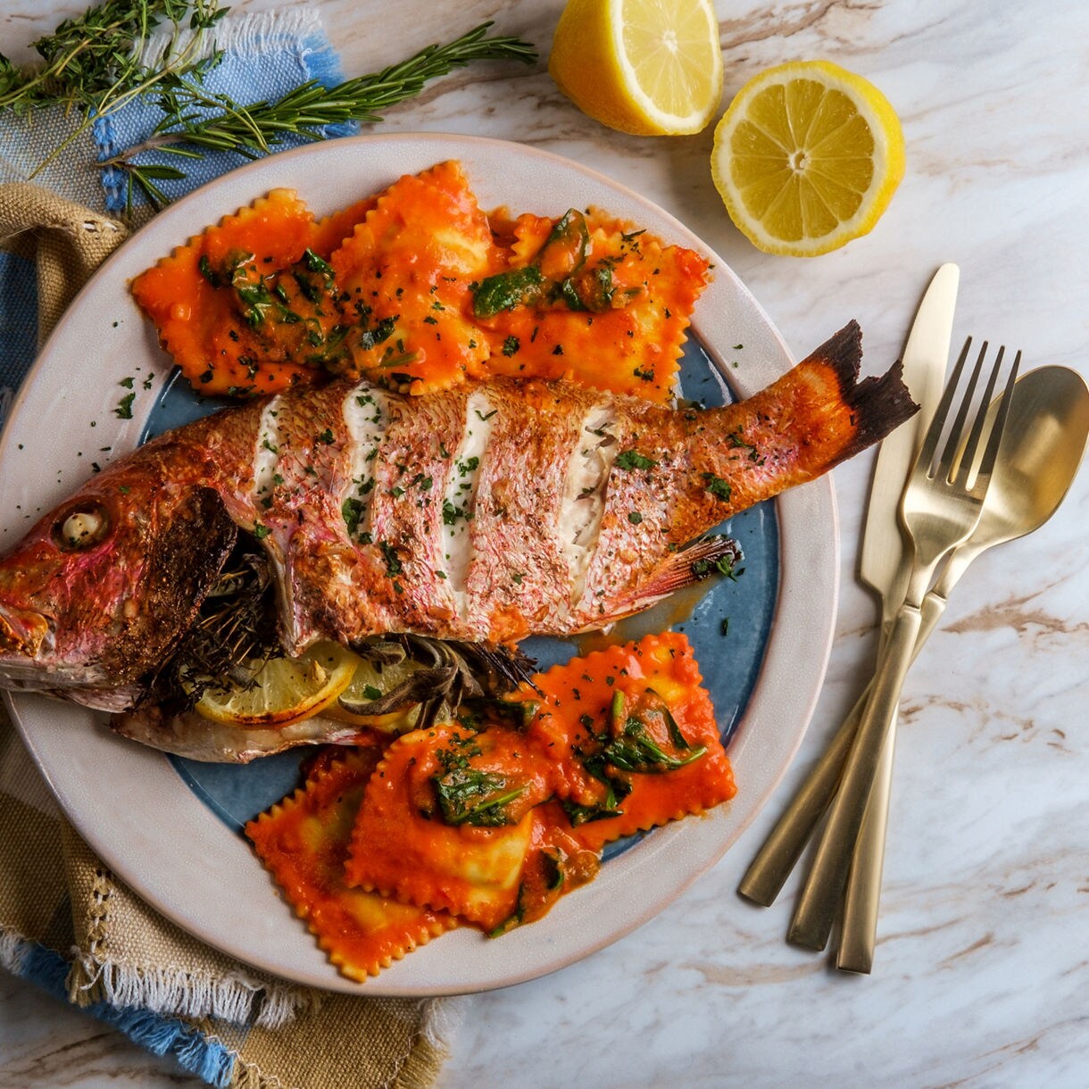 A whole roasted red snapper stuffed with lemon slices and herbs, plated alongside cheese ravioli in tomato sauce garnished with parsley, with lemon halves, fresh rosemary and gold cutlery arranged on a marble surface.