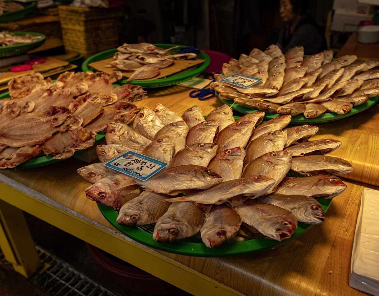Close-up of dried fish neatly arranged on green trays at Dongmun Market in Jeju, South Korea, displayed on a wooden counter under warm lighting.