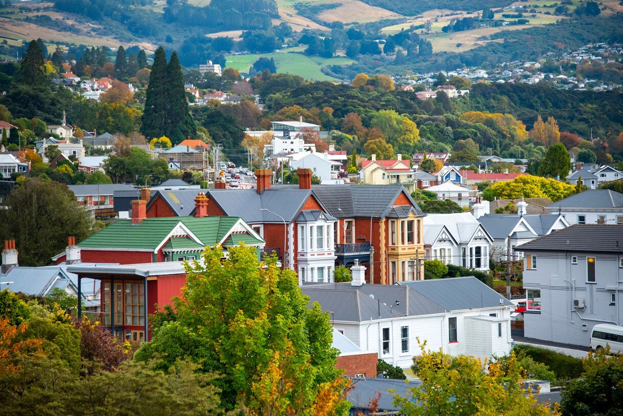 View of Dunedin’s residential hillside with vibrant historic houses and lush green hills in the background.