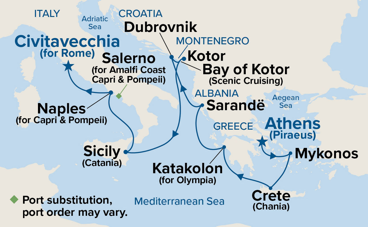 Mediterranean with Greek Isles & Italy — Itinerary Map