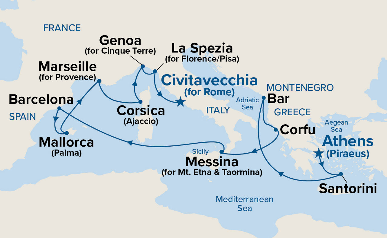 Western Mediterranean with Greece & Italy — Itinerary Map