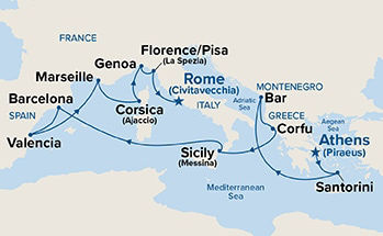 Western Mediterranean with Greece & Italy — Itinerary Map