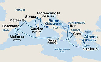 Western Mediterranean with Greece & Italy — Itinerary Map