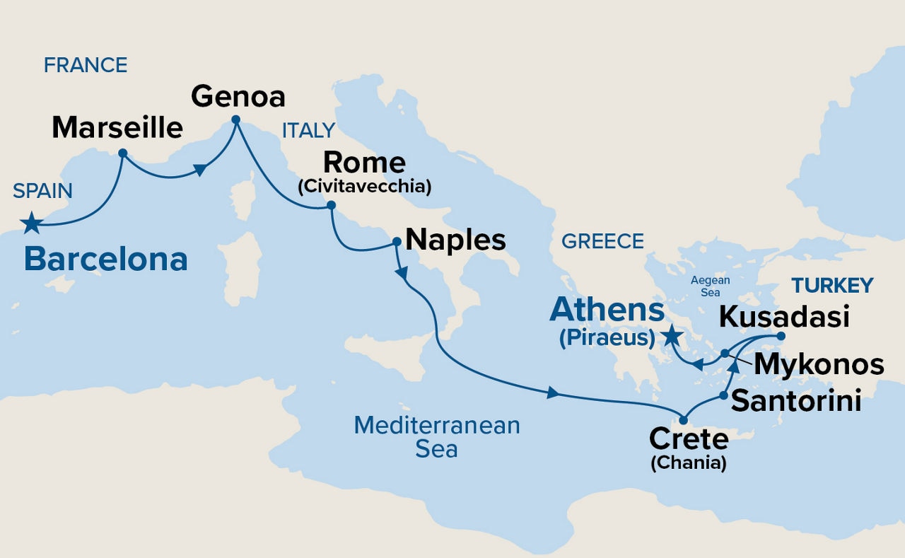Mediterranean with Greek Isles & Italy — Itinerary Map