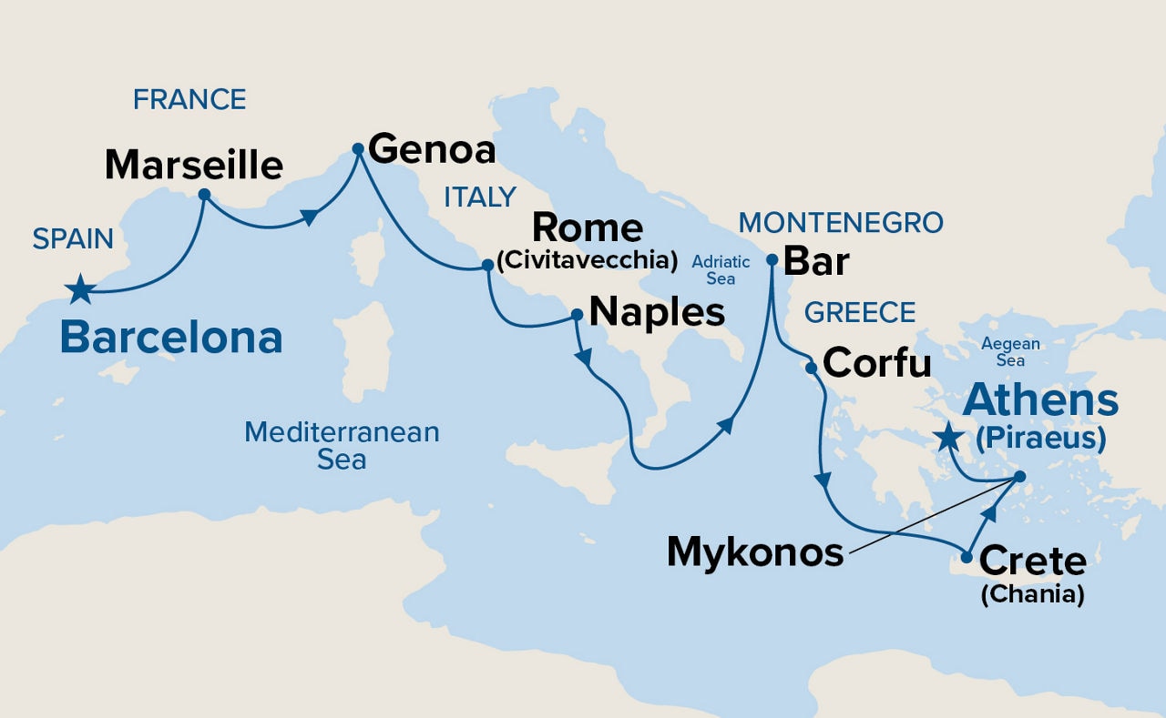 Mediterranean with Greek Isles & Italy — Itinerary Map