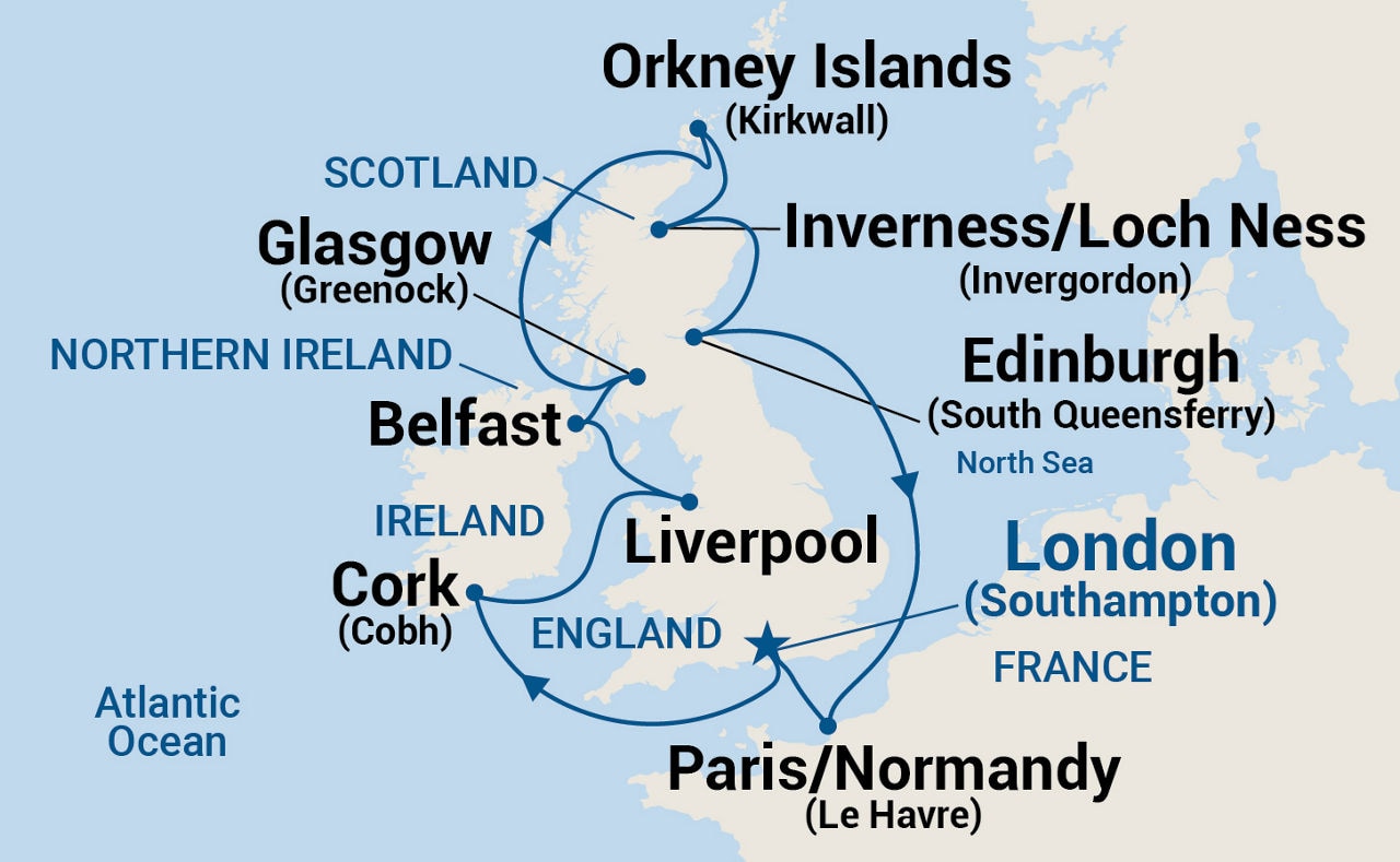British Isles with France & Belfast — Itinerary Map