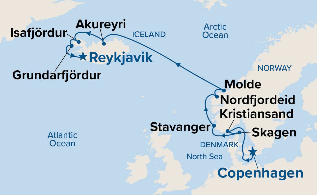 Norwegian & Icelandic Fjords — Itinerary Map