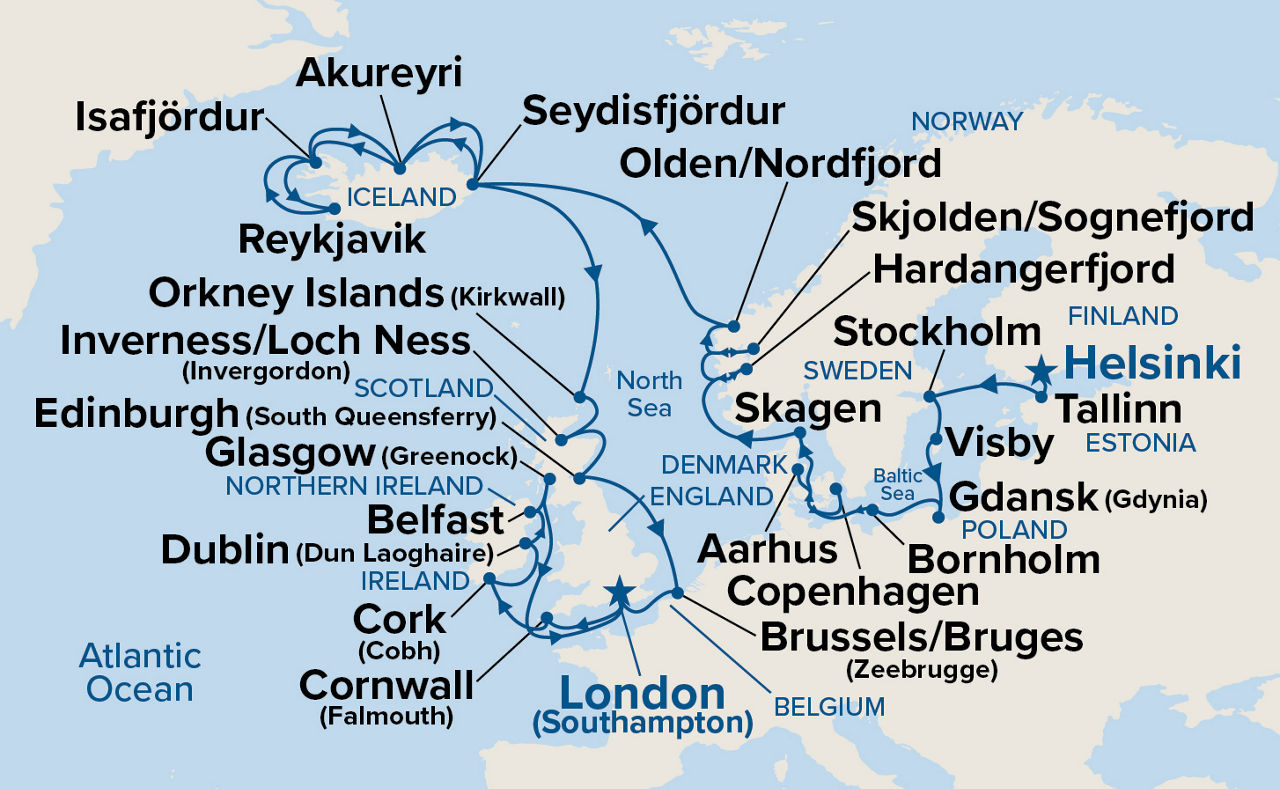 Scandinavia, Iceland & British Isles Explorer — Itinerary Map