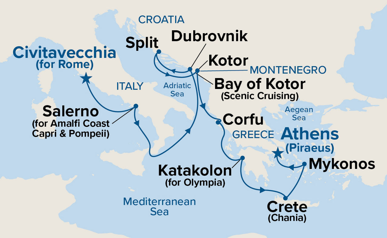 Mediterranean with Greek Isles & Italy — Itinerary Map