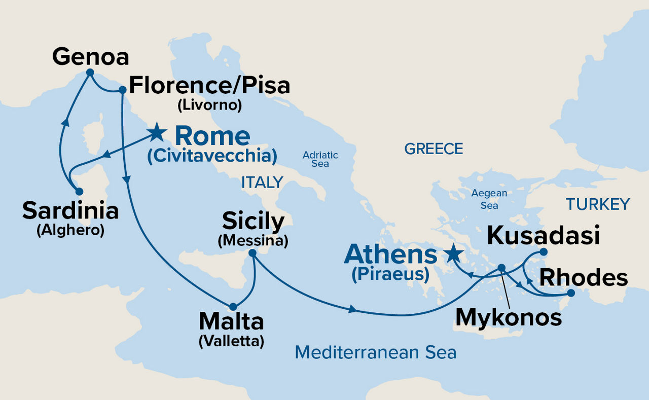 Mediterranean with Greek Isles & Italy — Itinerary Map