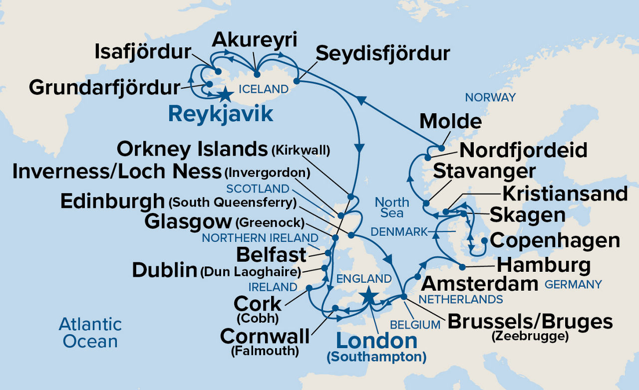 Iceland, Norway & British Isles Explorer — Itinerary Map