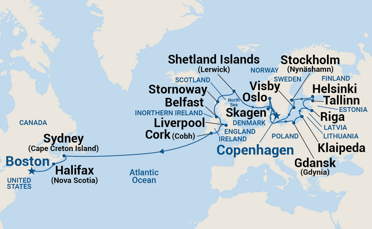 British Isles & Northern European Passage — Itinerary Map