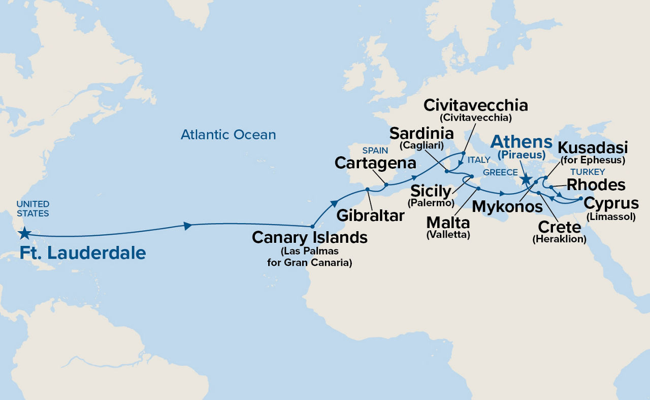 Spain, Italy and Greece Passage — Itinerary Map