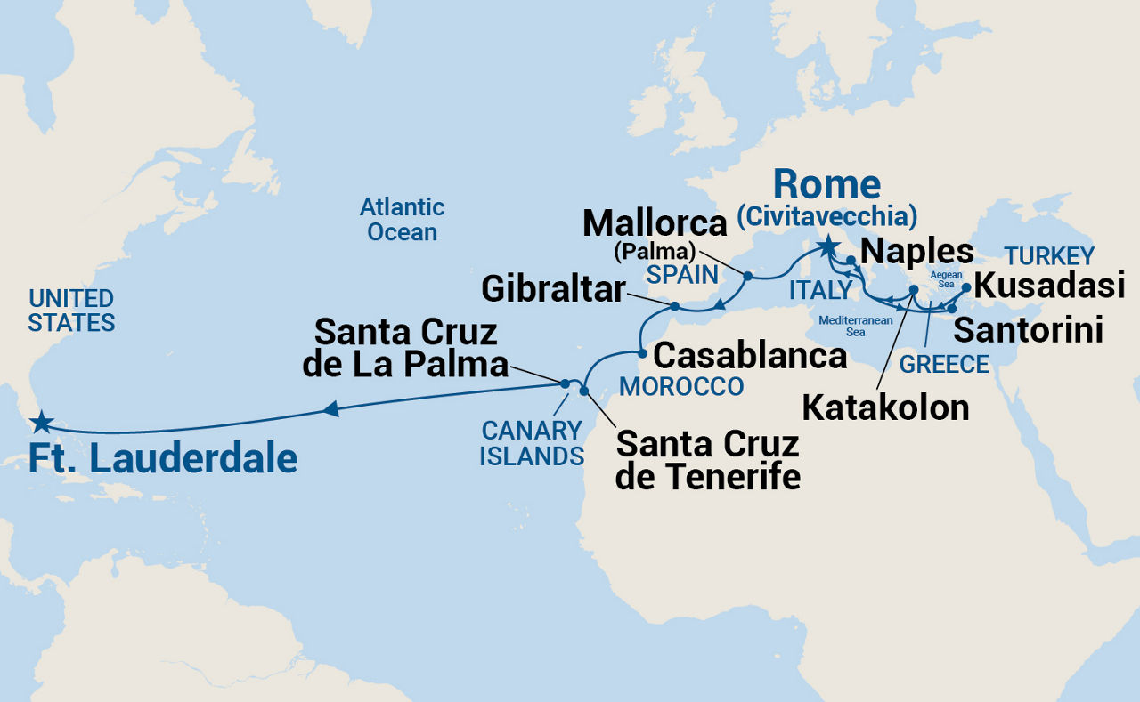 Mediterranean, Aegean & Moroccan Passage — Itinerary Map
