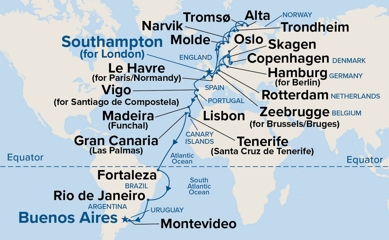 Northern Europe to South America Grand Adventure — Itinerary Map