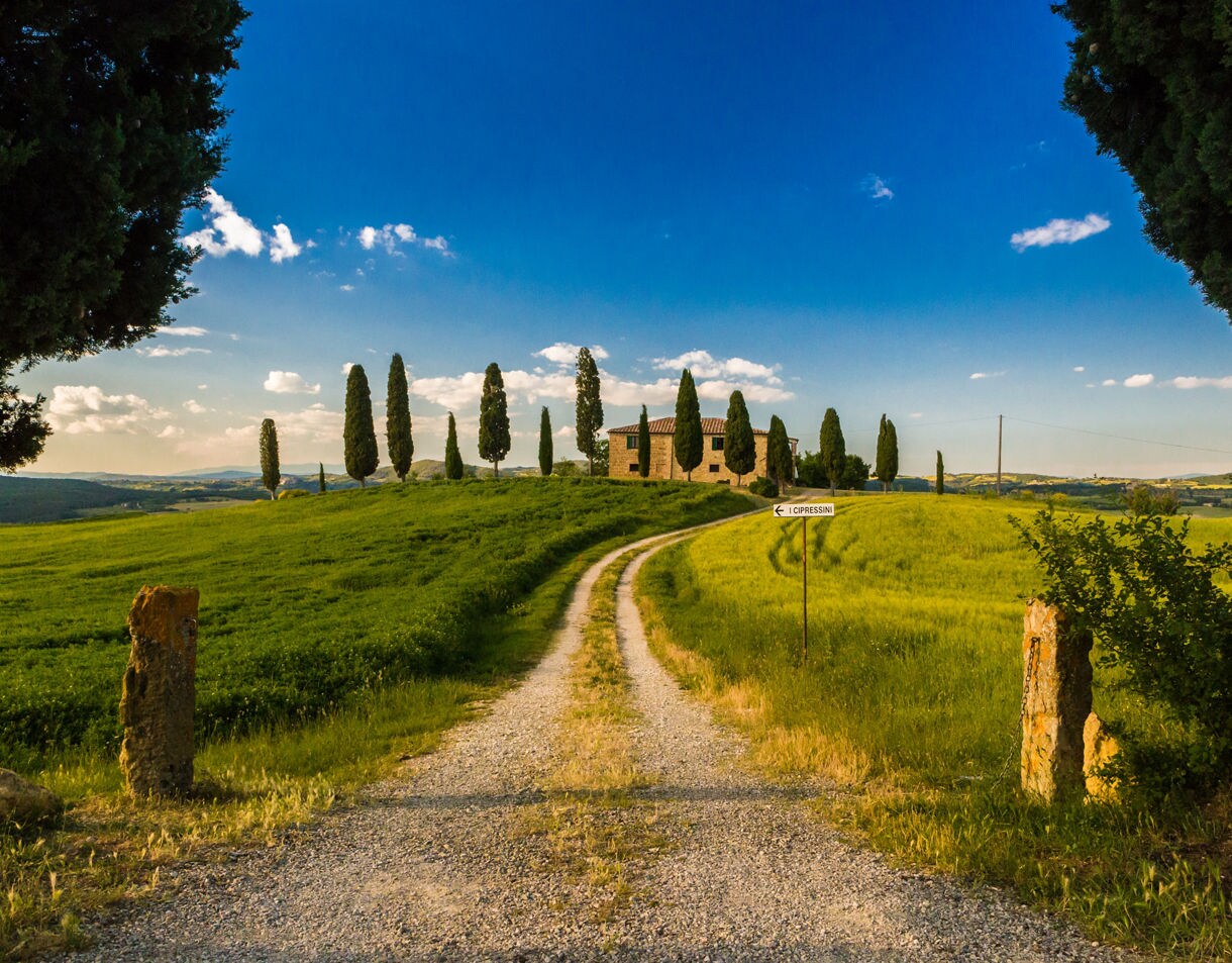 A gravel road leading toward a rustic stone farmhouse lined with tall cypress trees, set among rolling green fields under a bright blue sky.