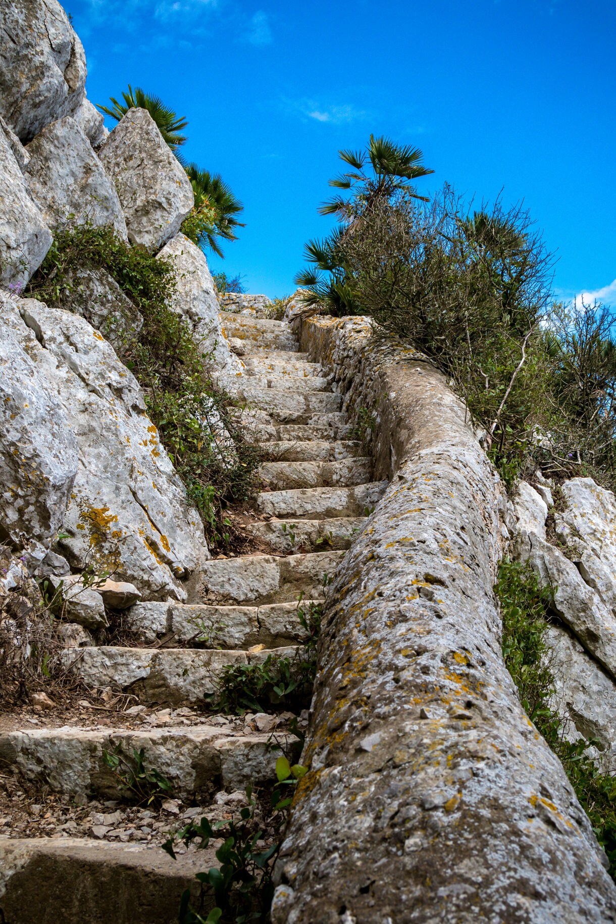 A steep stone staircase built into rocky terrain, surrounded by boulders and small shrubs under a bright blue sky.