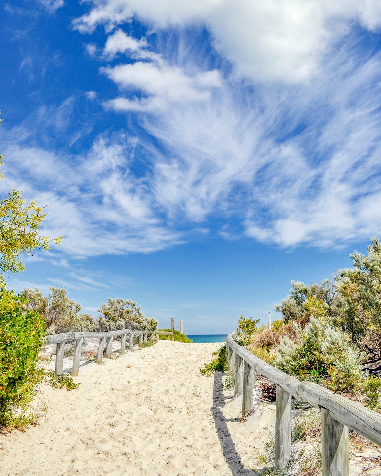 Sandy walkway lined with wooden railings and coastal shrubs leading to the ocean under a bright sky with wispy clouds.