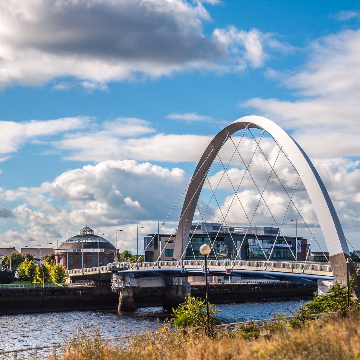 Modern bridge and riverside cityscape view in Clyde Arc, Glasgow
