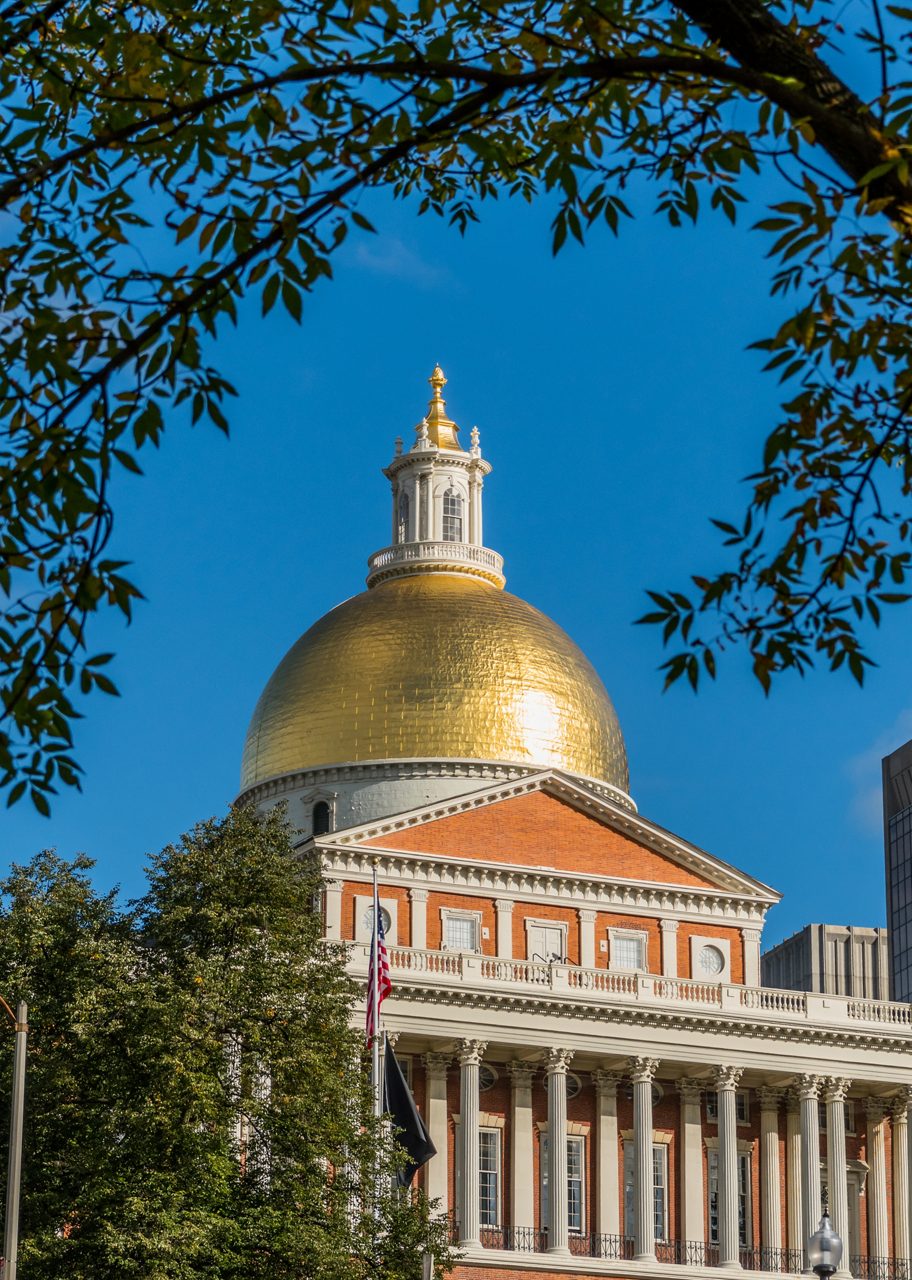 The Massachusetts State House with its bright golden dome and red-brick façade, partially framed by tree branches against a clear blue sky.